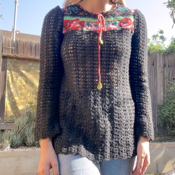 Free People Sweaters | Free People Black Crochet Sweater Shirt Top with Floral Detailing Neckline Xs | Color: Black | Size: Xs | Thriftandthrive's